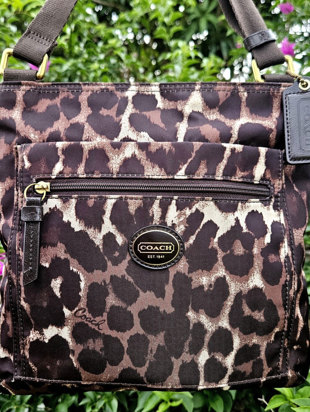 Coach F77429 Leopard Print Nylon Crossbody Messenger Bag Hangtag Brown